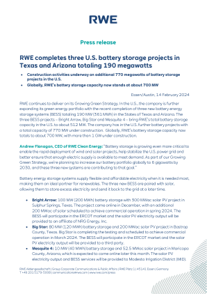 RWE 在德克萨斯州和亚利桑那州完成三个美国电池存储项目，总计 190 兆瓦